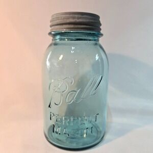Ball Perfect Mason Jar Blue 1910-1923 #15 Zinc Lid Quart Canning Glass Jar VG+